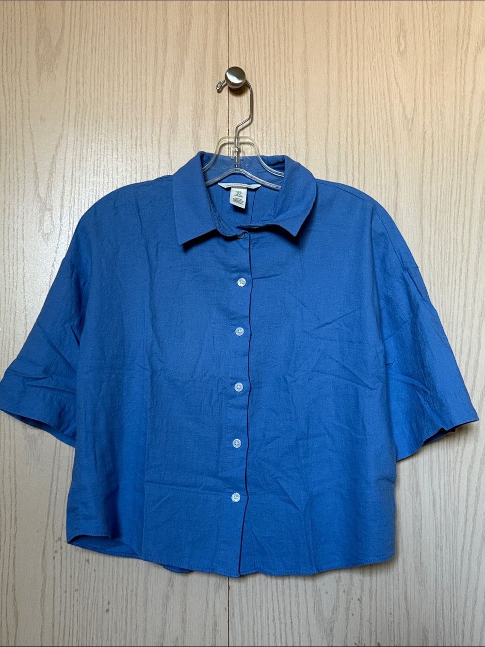 H&M Women's Linen Blend Blue Short-Sleeve Button-Up Shirt